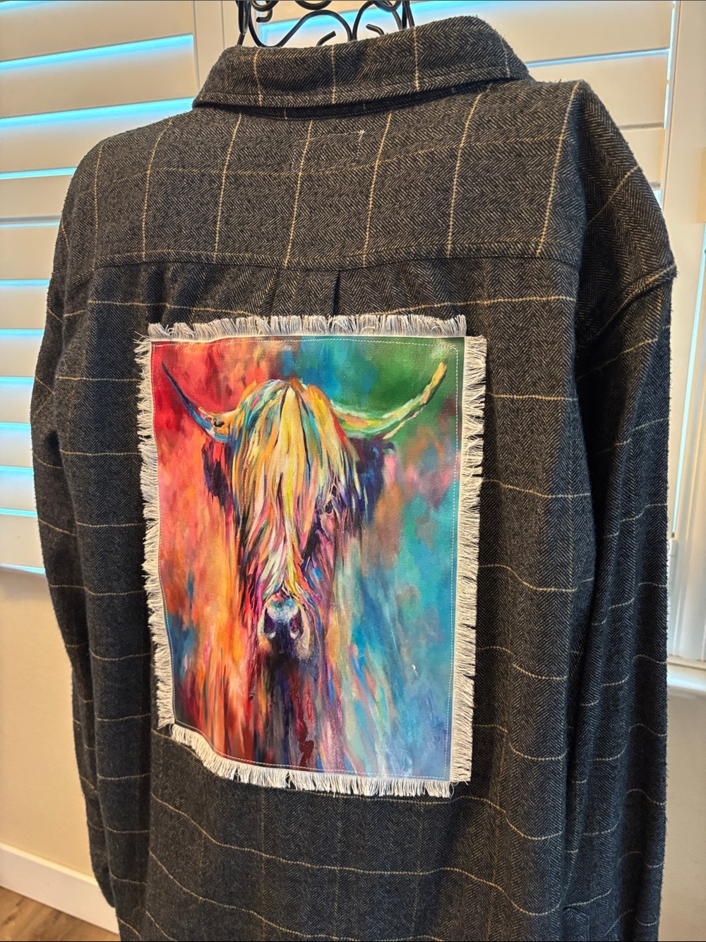 Handmade one of  kind Plaid flannel with Colorful Highland Cow Fringe Patch - Picture 3 of 8